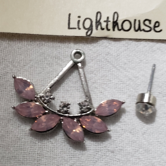 J Crew Opal Pink Crystals Marquis Silvertone Jacket Pierced Earrings - Picture 2 of 4